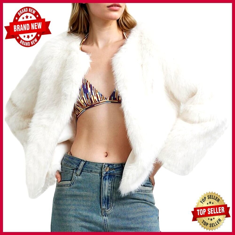 Faux Fur Cropped Jacket Long Sleeve Open Front Shaggy Winter Coat